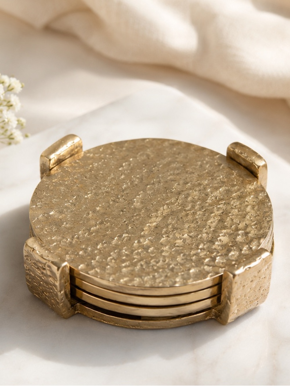 Gold Textured Hammered Metal Round Coaster Set of 4 on Standard India D 3.75"